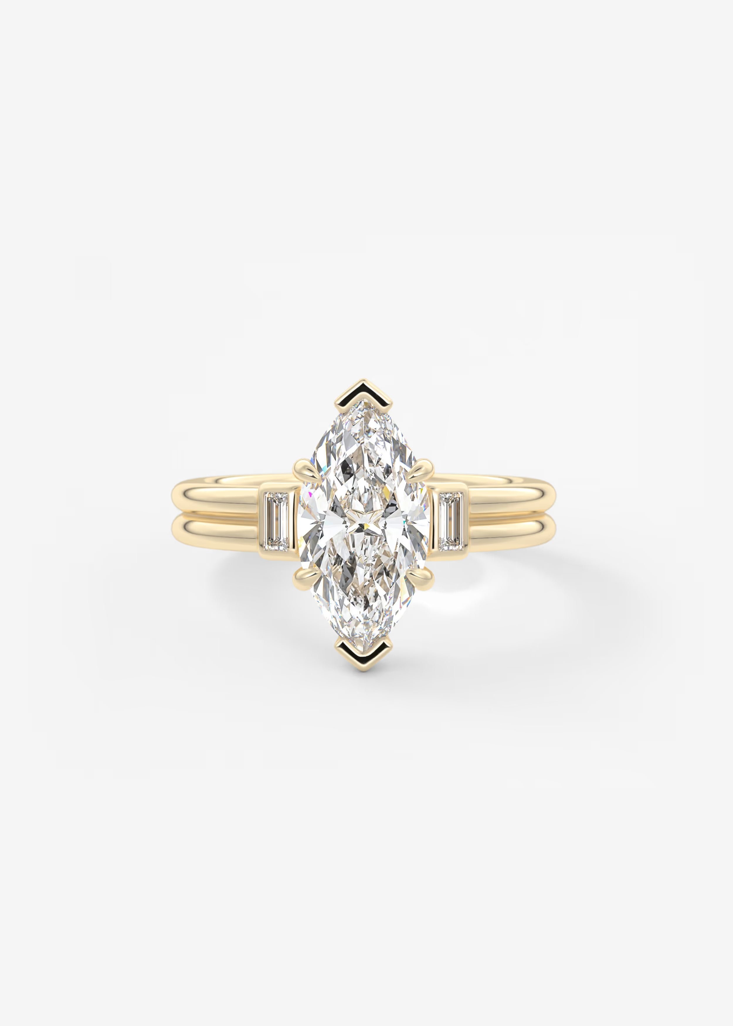 Marquise Cut Three Stone Engagement Ring with Double Band and Baguette Diamond Accents