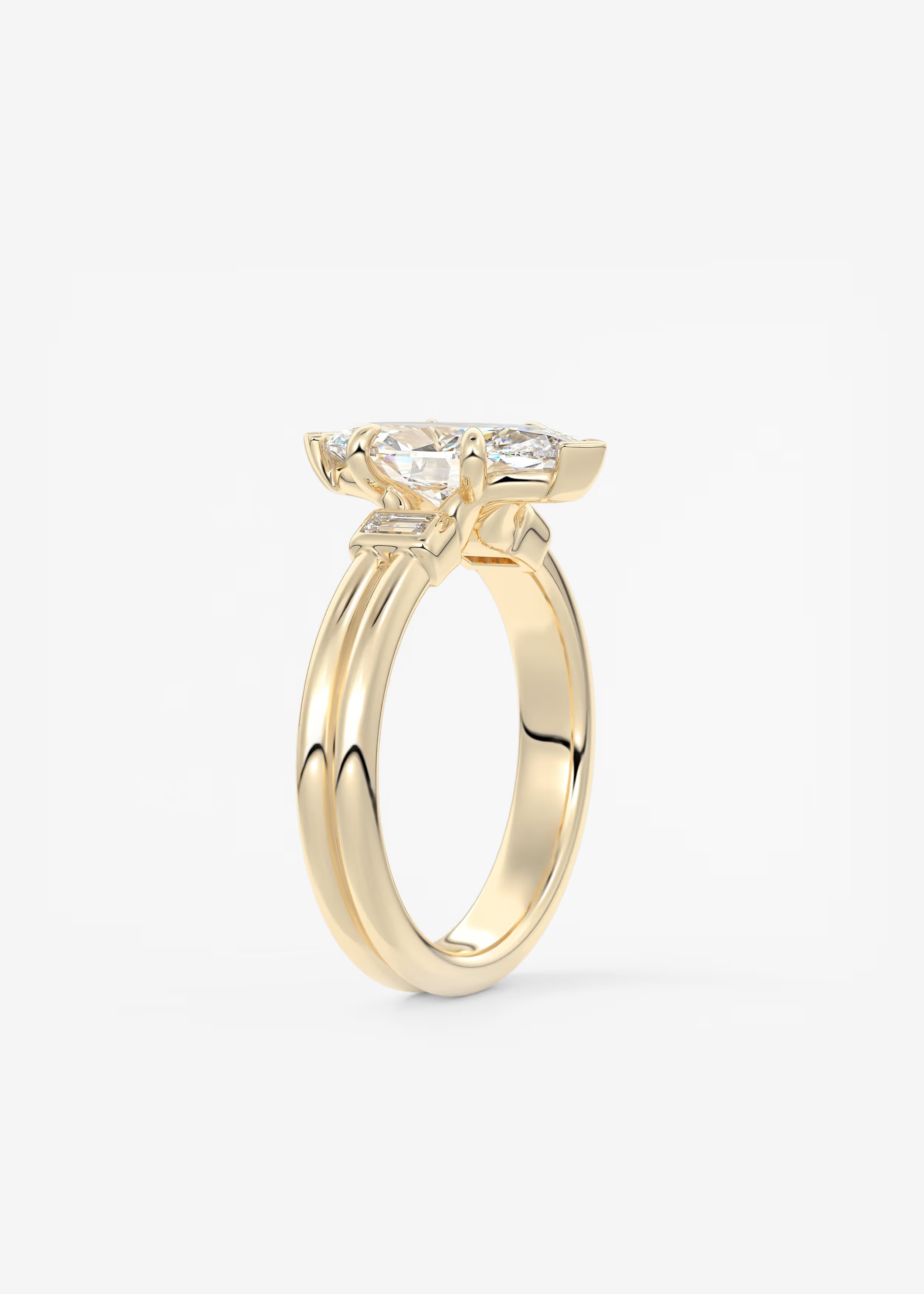 Marquise Cut Three Stone Engagement Ring with Double Band and Baguette Diamond Accents