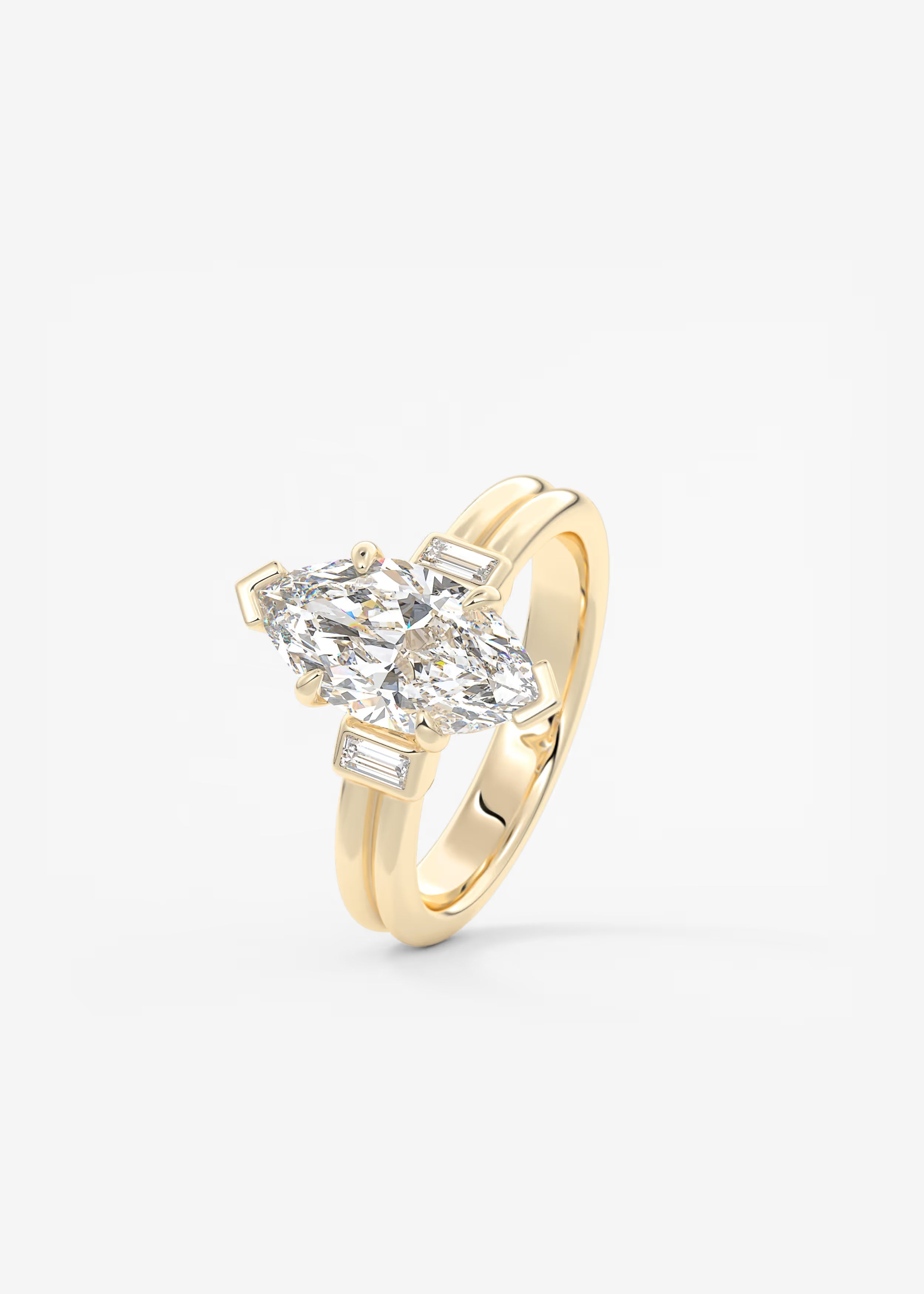 Marquise Cut Three Stone Engagement Ring with Double Band and Baguette Diamond Accents
