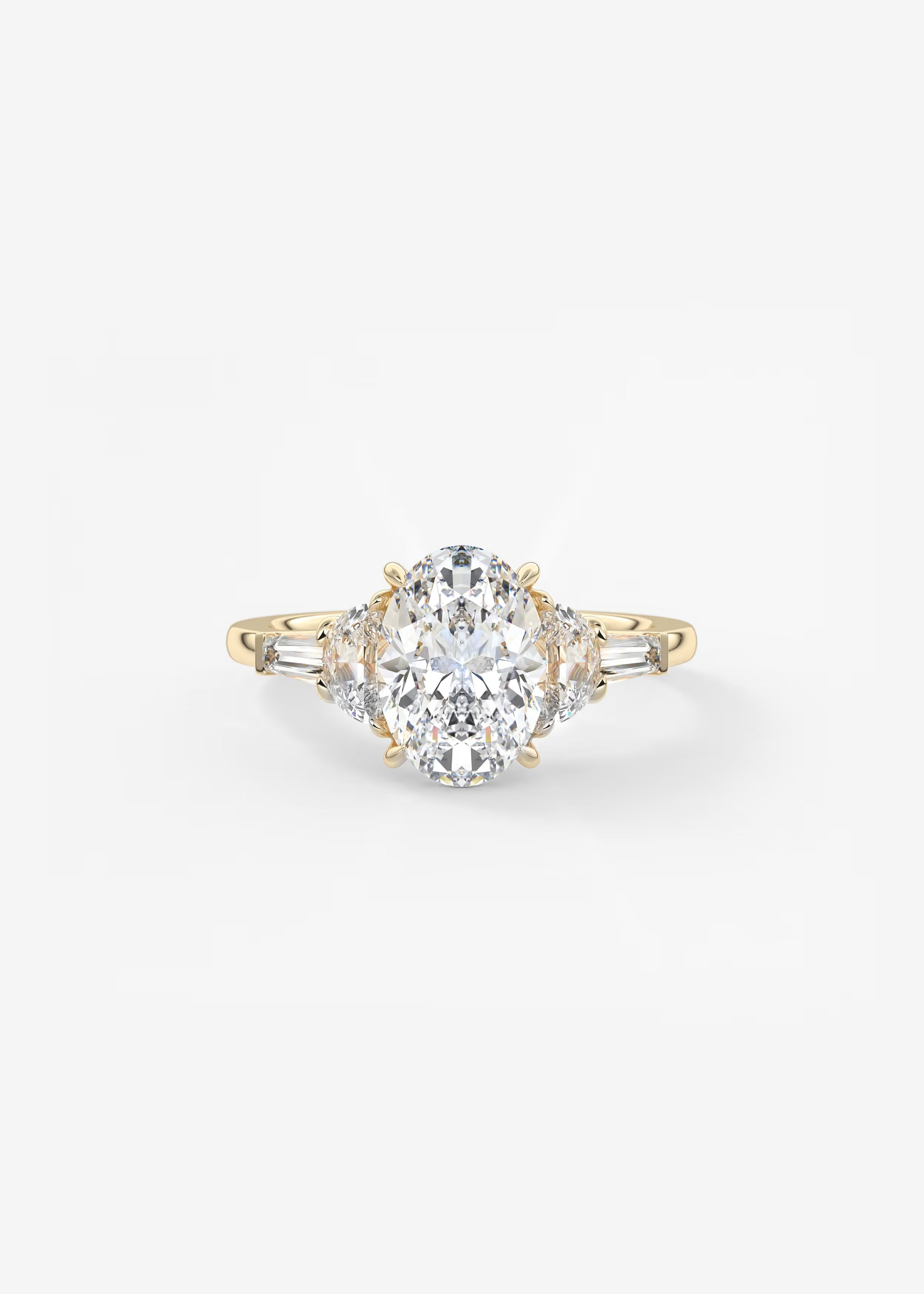 Oval Cut Five Stone Engagement Ring with Half Moons and Tapered Baguettes