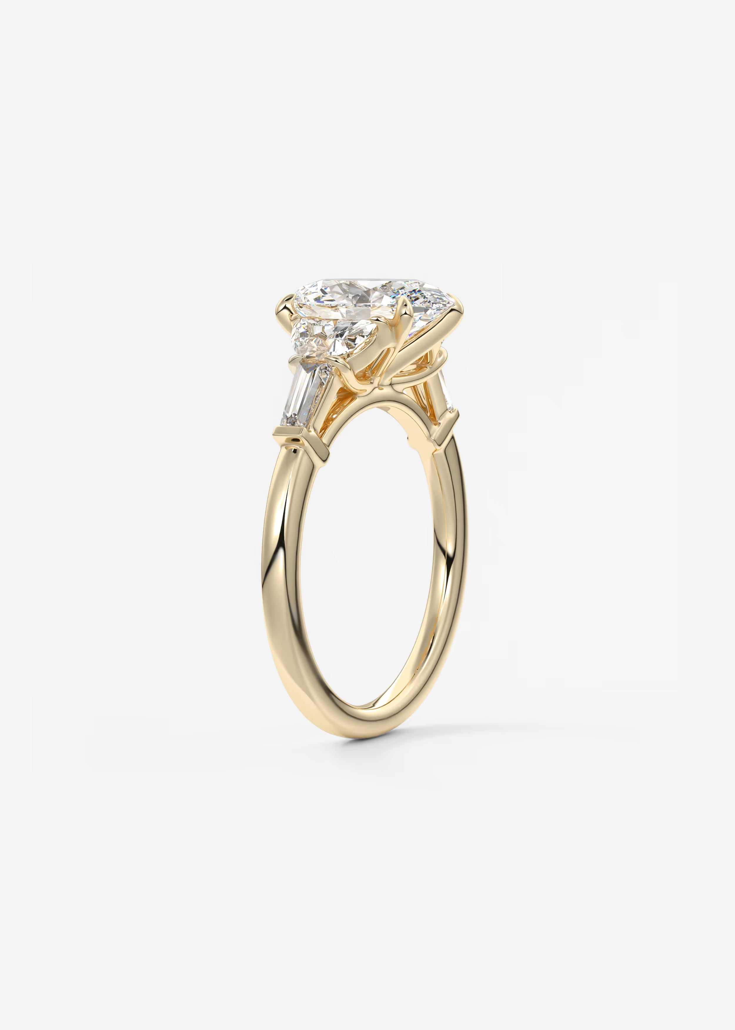 Oval Cut Five Stone Engagement Ring with Half Moons and Tapered Baguettes
