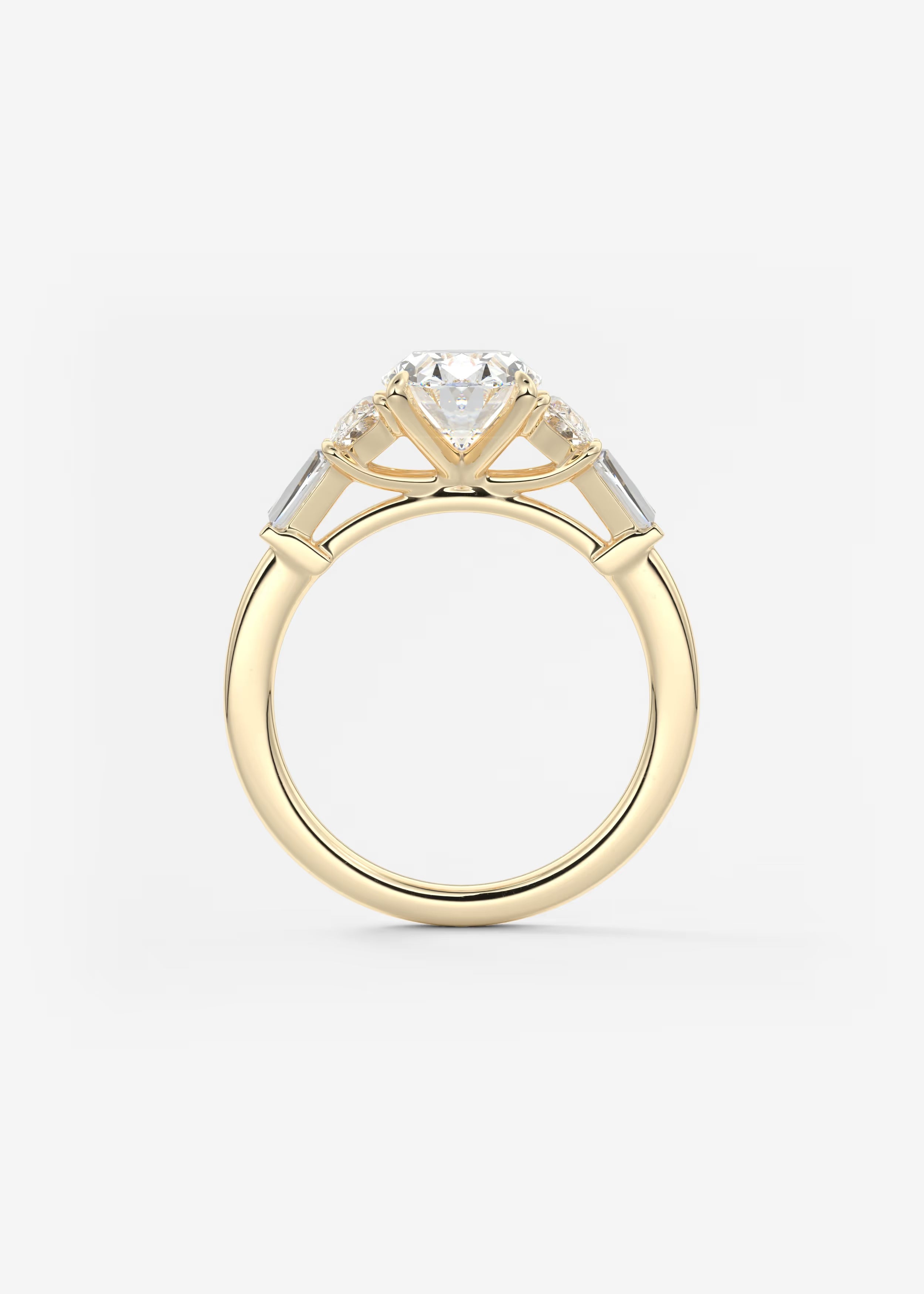 Oval Cut Five Stone Engagement Ring with Half Moons and Tapered Baguettes