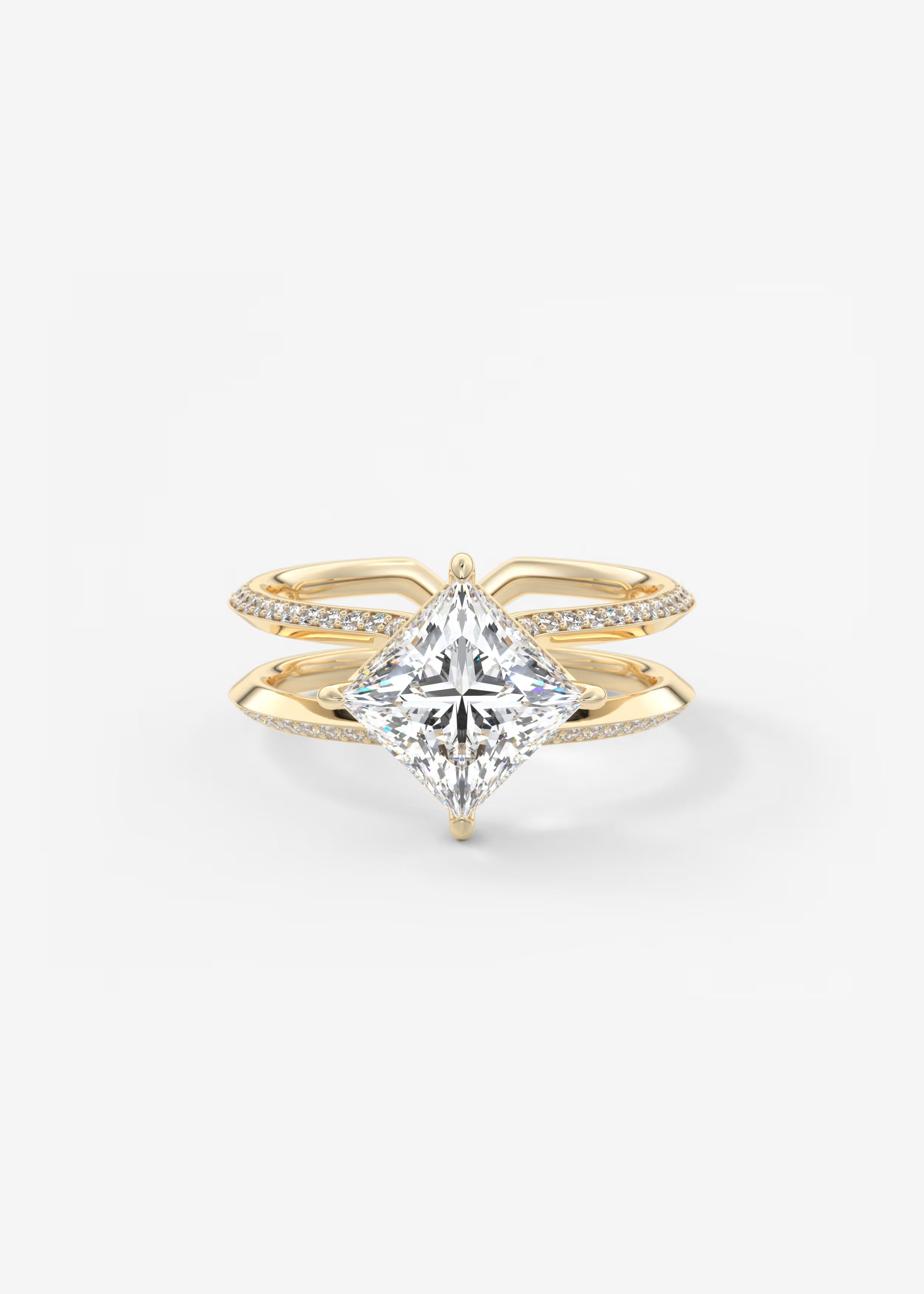 Parallel Split Shank Princess Cut Engagement Ring with Knife Edge Hidden Halo and Pavé