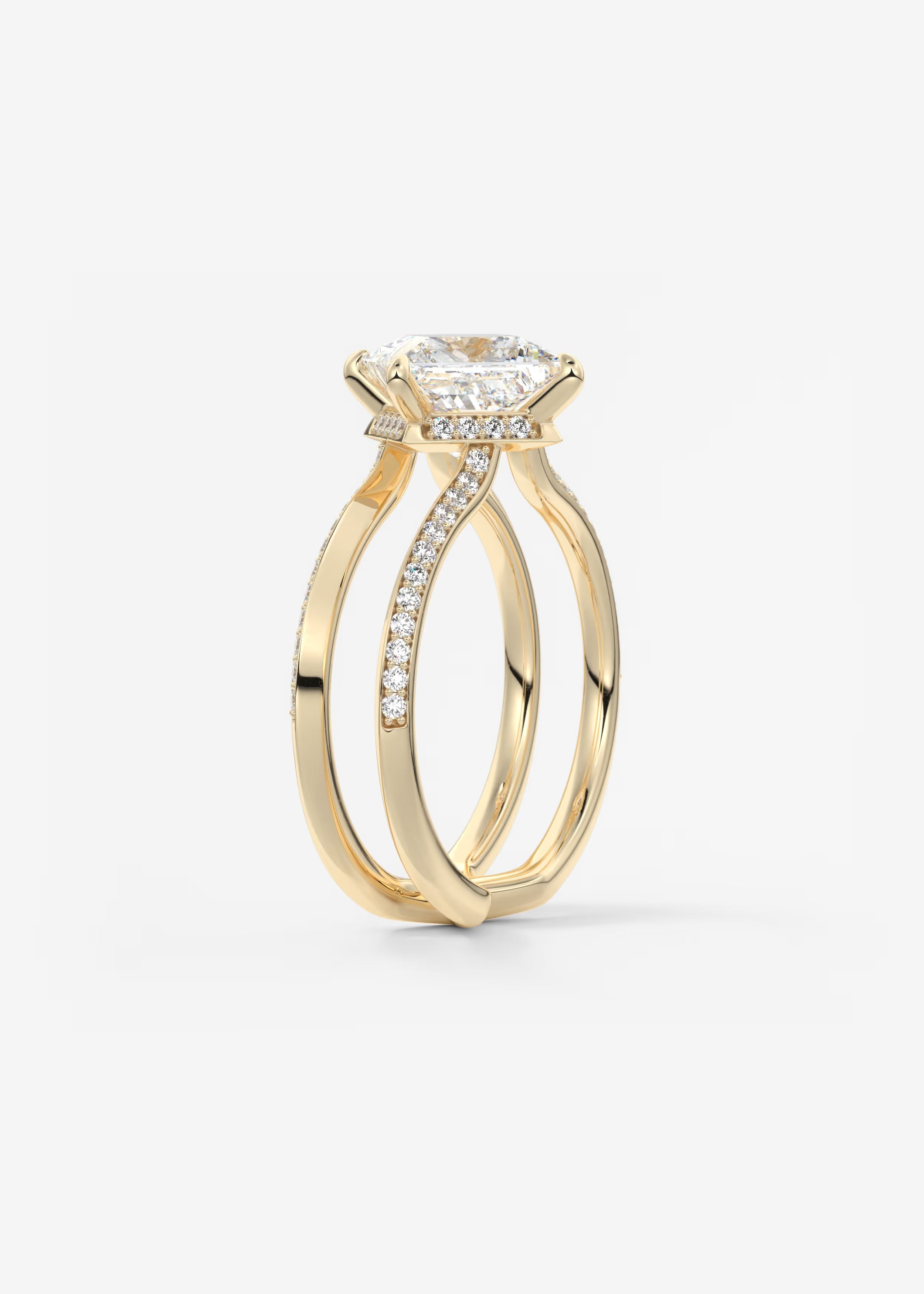 Parallel Split Shank Princess Cut Engagement Ring with Knife Edge Hidden Halo and Pavé