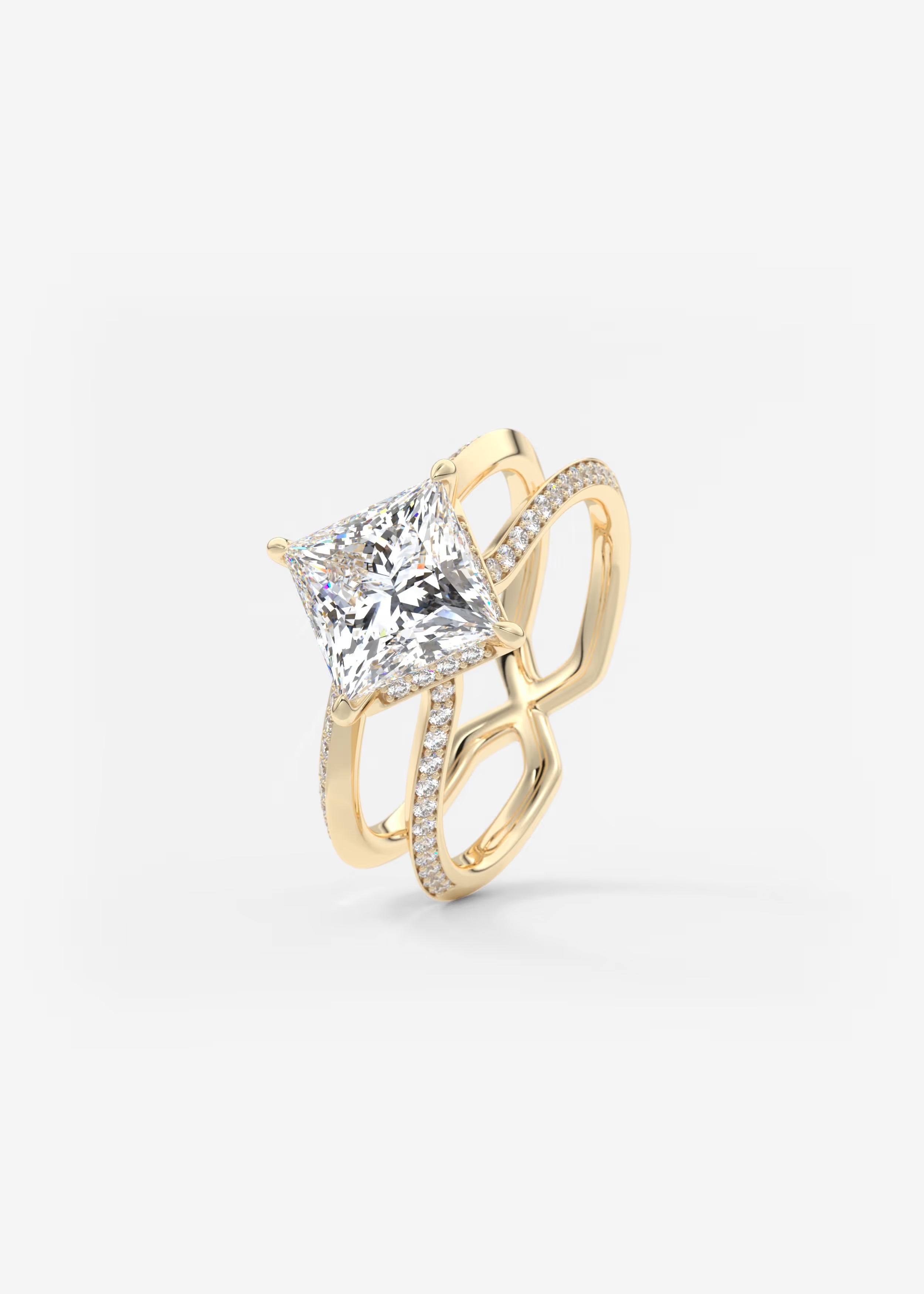 Parallel Split Shank Princess Cut Engagement Ring with Knife Edge Hidden Halo and Pavé