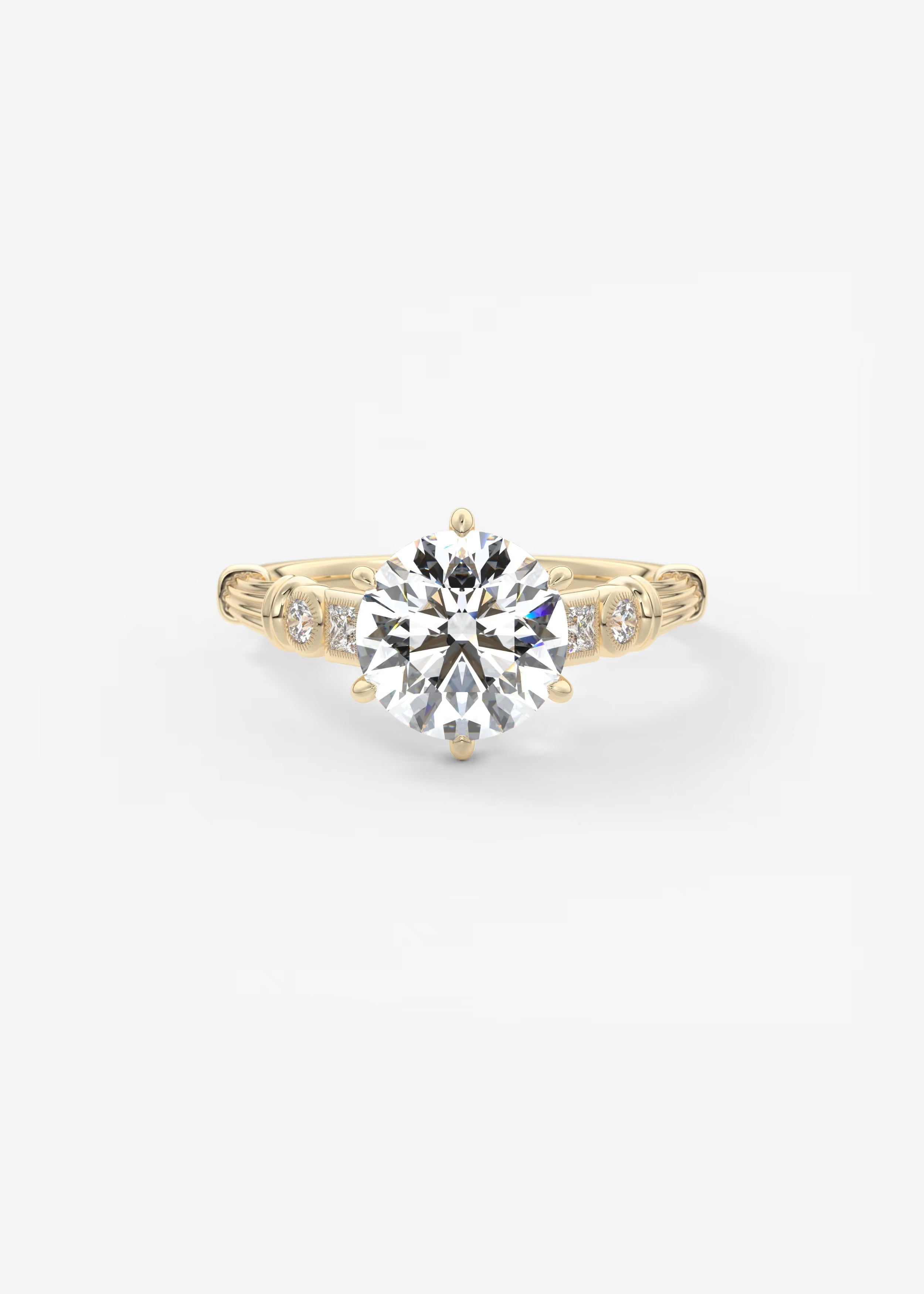 Five Stone Cathedral Engagement Ring with Fluted Shoulders & Milgrain