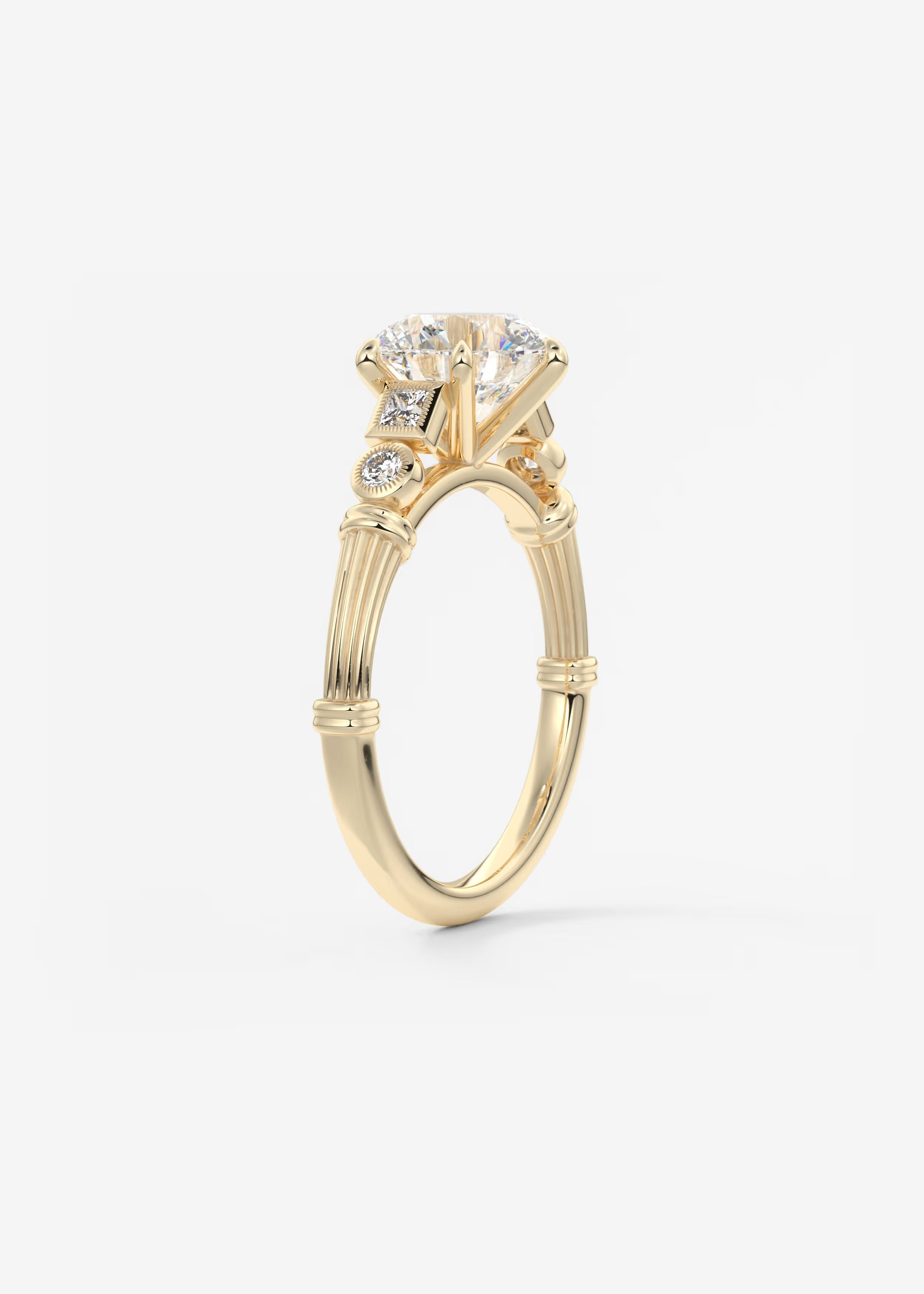 Five Stone Cathedral Engagement Ring with Fluted Shoulders & Milgrain