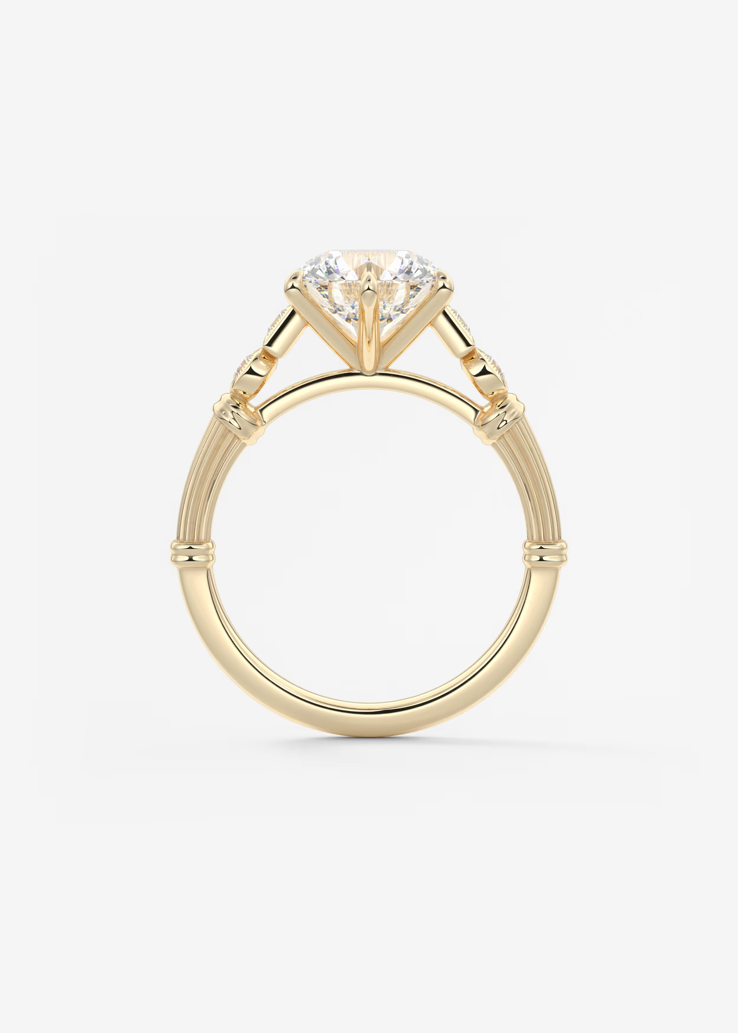 Five Stone Cathedral Engagement Ring with Fluted Shoulders & Milgrain