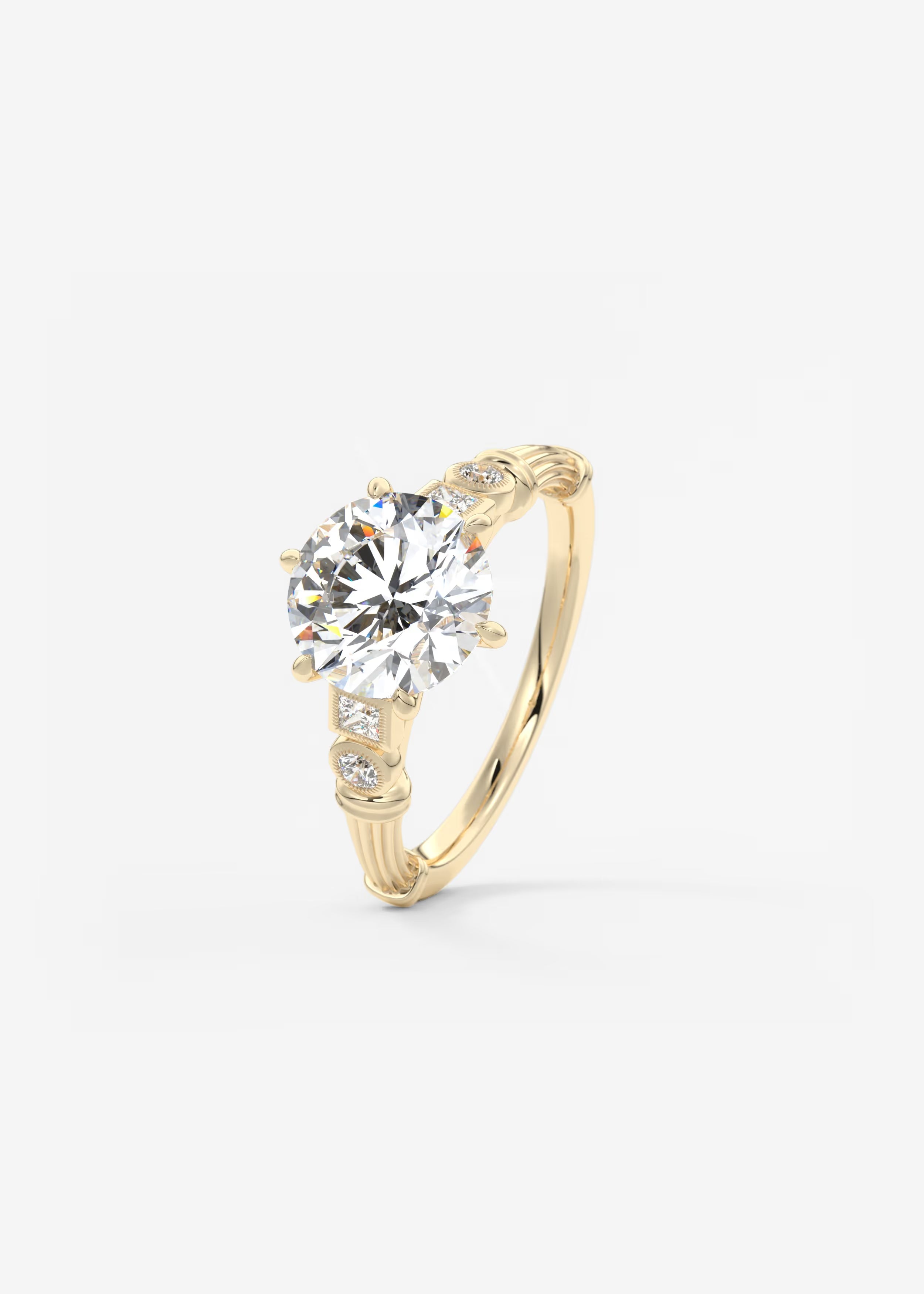 Five Stone Cathedral Engagement Ring with Fluted Shoulders & Milgrain
