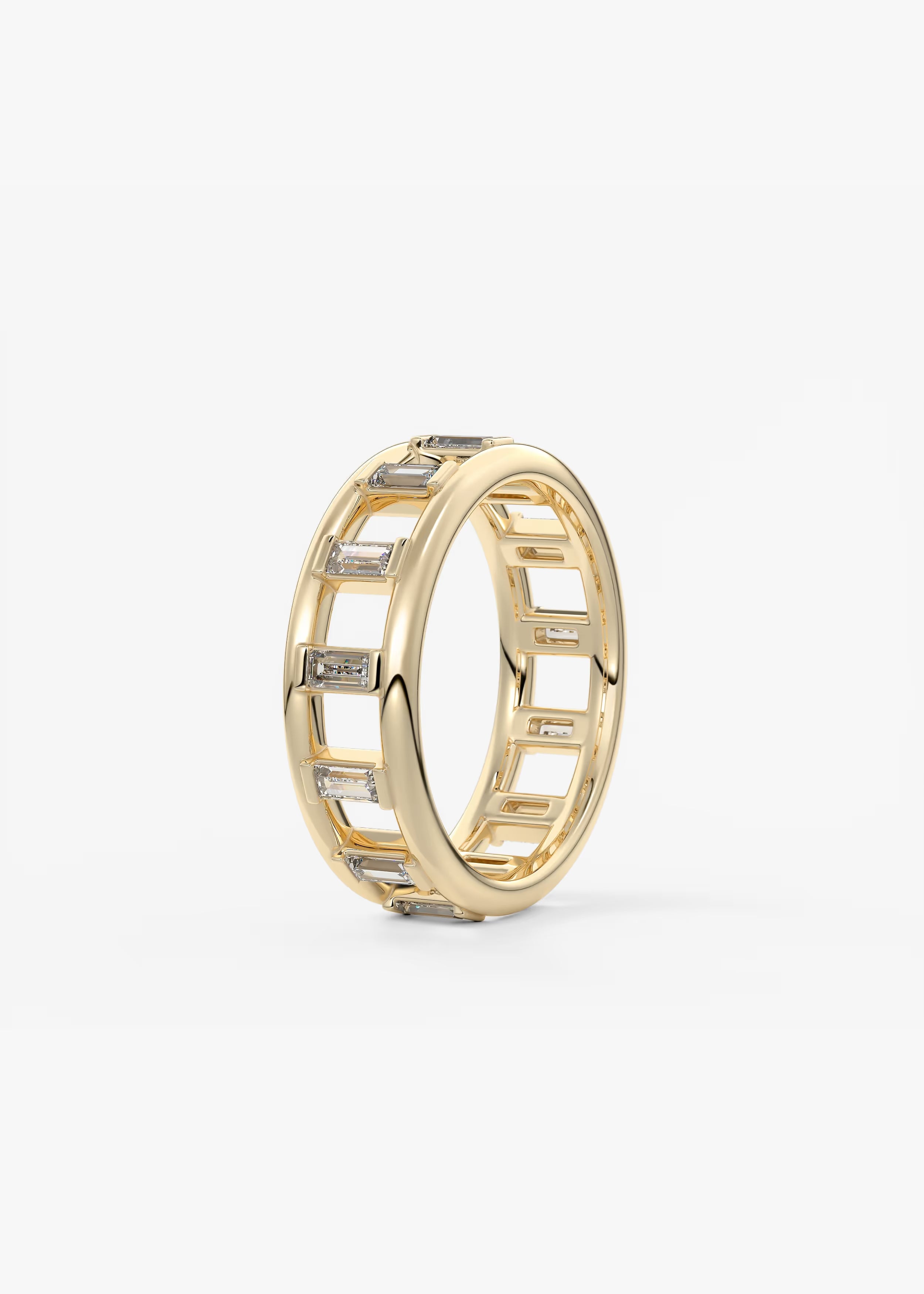 Gold Band with Vertical Baguette‑Cut Lab‑Grown Diamonds and Geometric Openwork Design