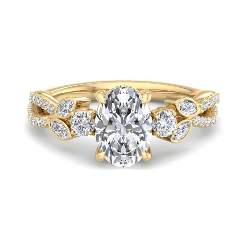 Floral Marquise Band with Beaded Detail Oval Lab Grown Diamond Center Engagement Ring