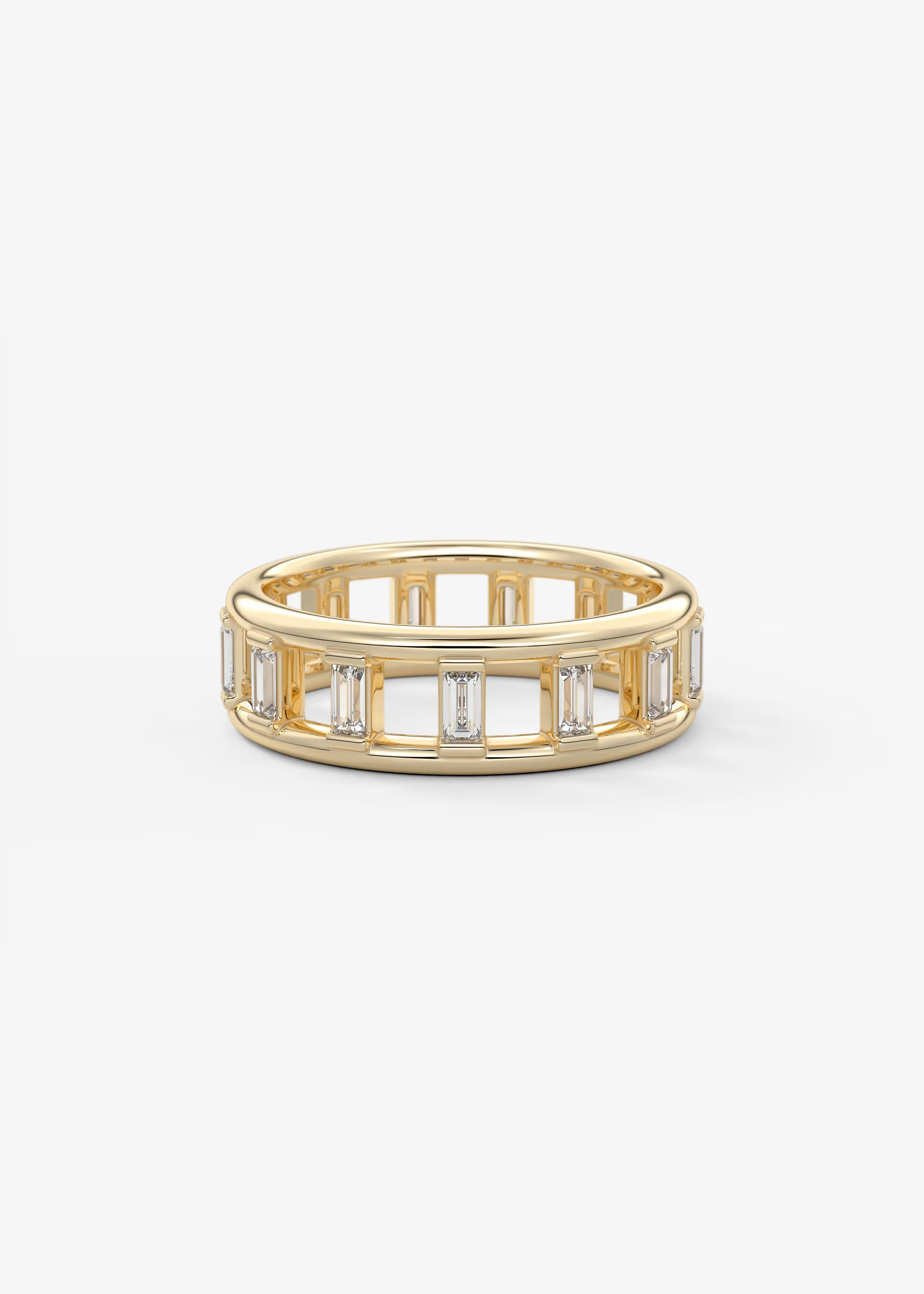 Gold Band with Vertical Baguette‑Cut Lab‑Grown Diamonds and Geometric Openwork Design