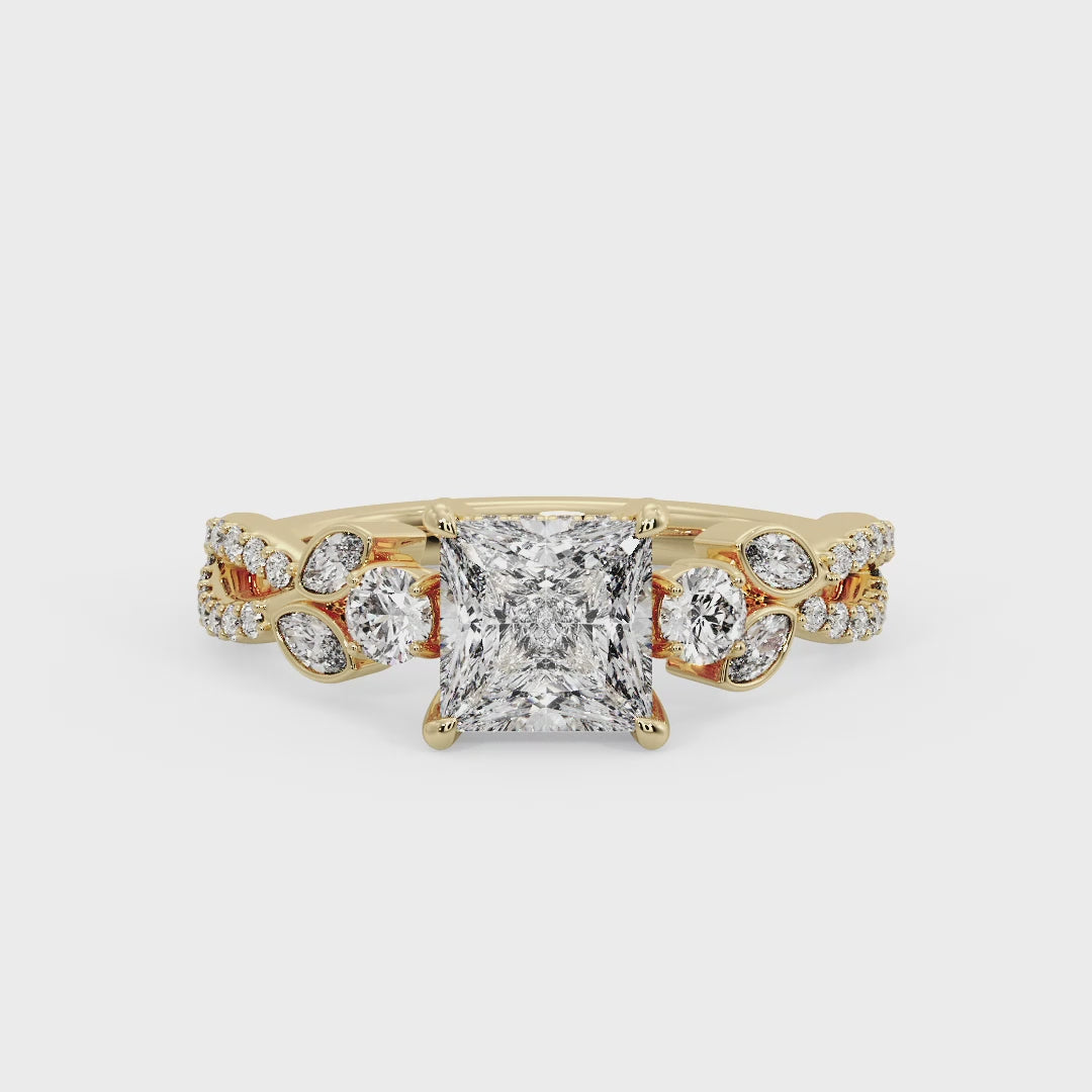 Floral Marquise Band with Beaded Detail Princess Lab Grown Diamond Center Engagement Ring