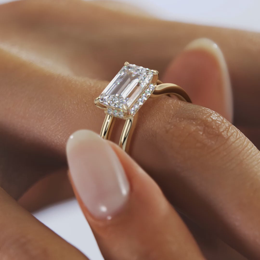 Parallel Split Shank Emerald Cut Engagement Ring with Knife Edge Hidden Halo