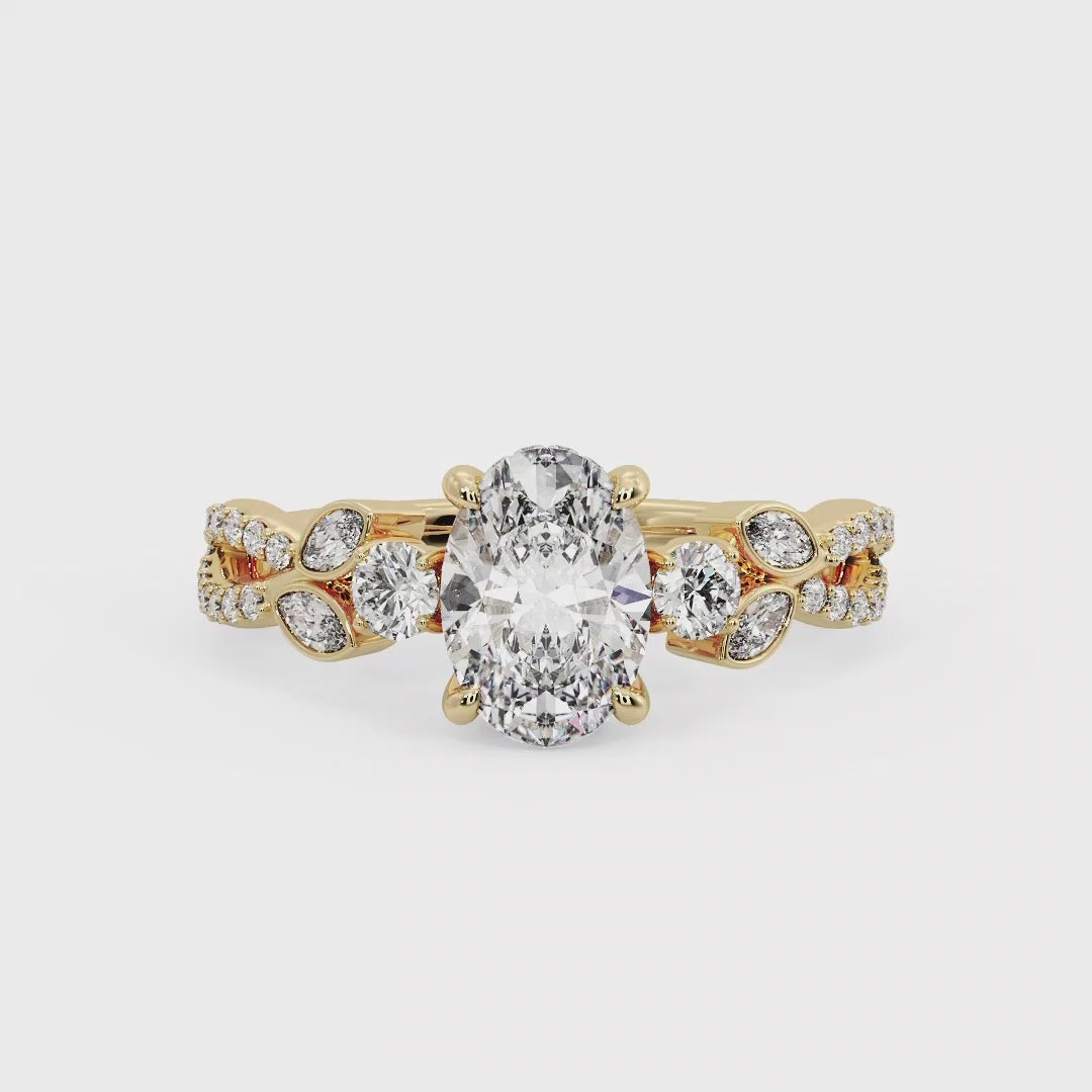 Floral Marquise Band with Beaded Detail Oval Lab Grown Diamond Center Engagement Ring