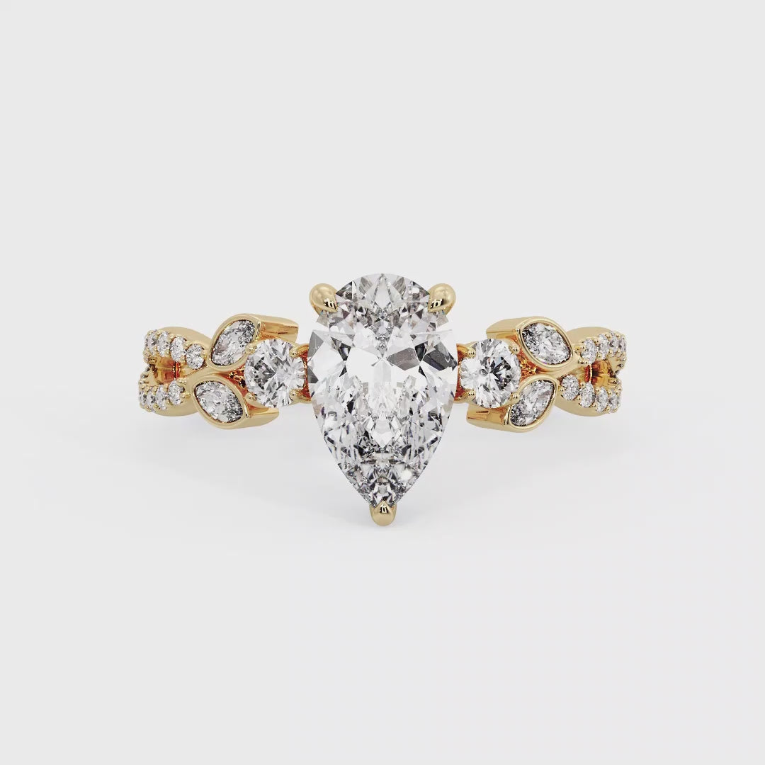 Floral Marquise Band with Beaded Detail Pear Lab Grown Diamond Center Engagement Ring