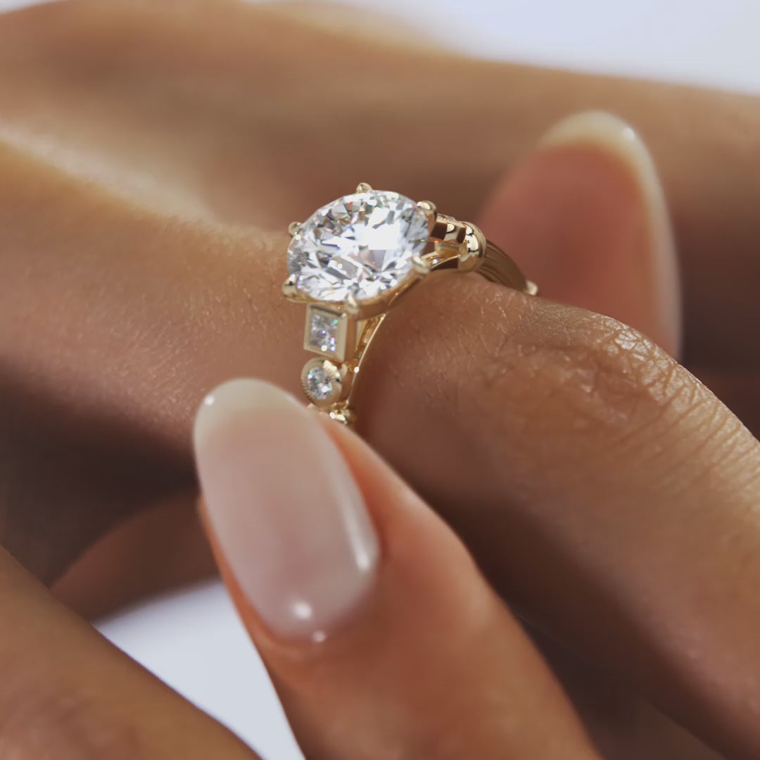 Five Stone Cathedral Engagement Ring with Fluted Shoulders & Milgrain