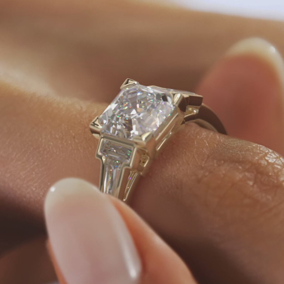 Art Deco Inspired Asscher Five Stone Engagement Ring with Tapered Baguettes