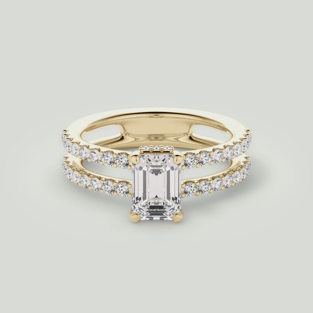 Emerald Shaped  Double Row Diamond Engagement Ring