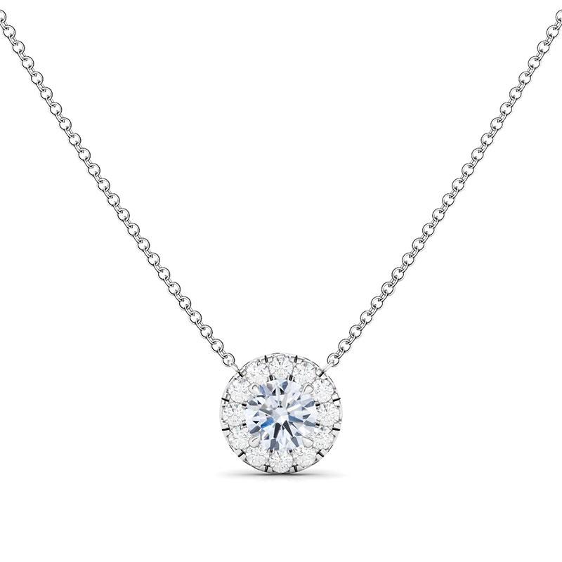 14K Solid White Round Cut Moissanite Halo Setting Necklace