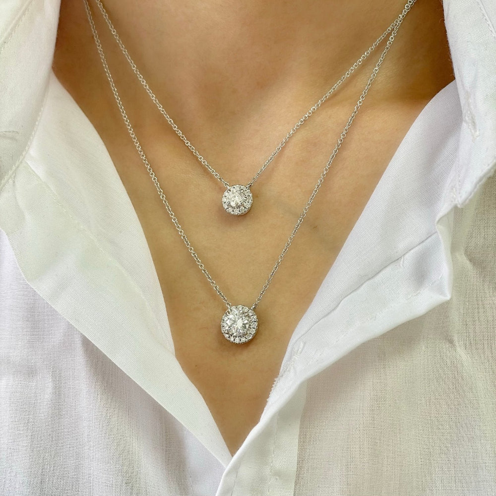 14K Solid White Round Cut Moissanite Halo Setting Necklace