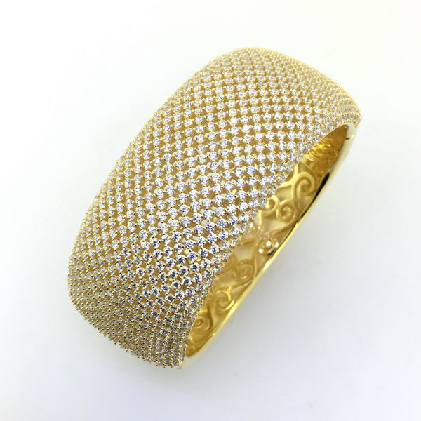 Gold Sterling Silver Bangle  with Creatively Designed CZ Mesh Look (Large)