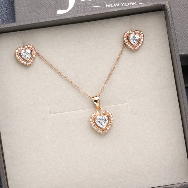 925 Silver Cubic Zirconia Heart Shape Pendant Necklace  Earrings Jewelry Set