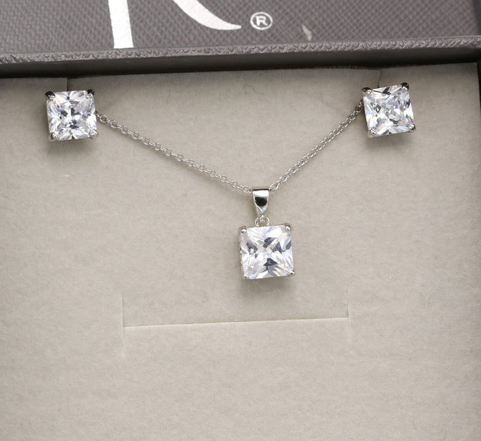 925 Silver CZ Pave Princess Cut Studs Necklace Earring Jewelry Set